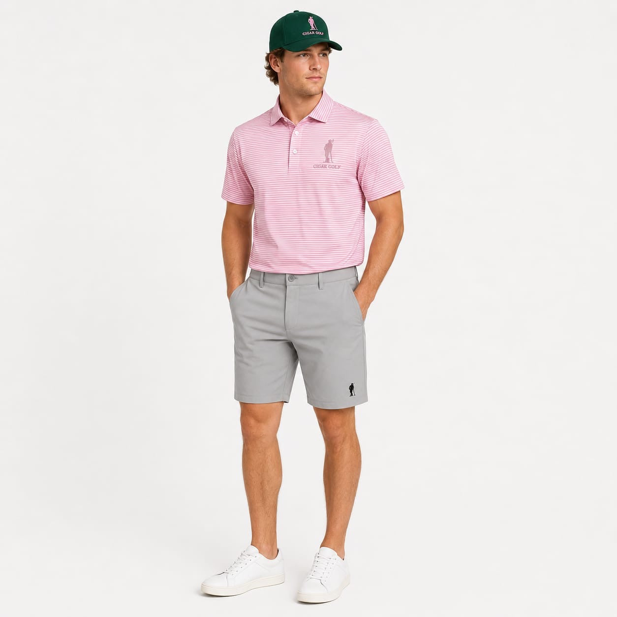 Pennant Stripe Polo in pink with grey short