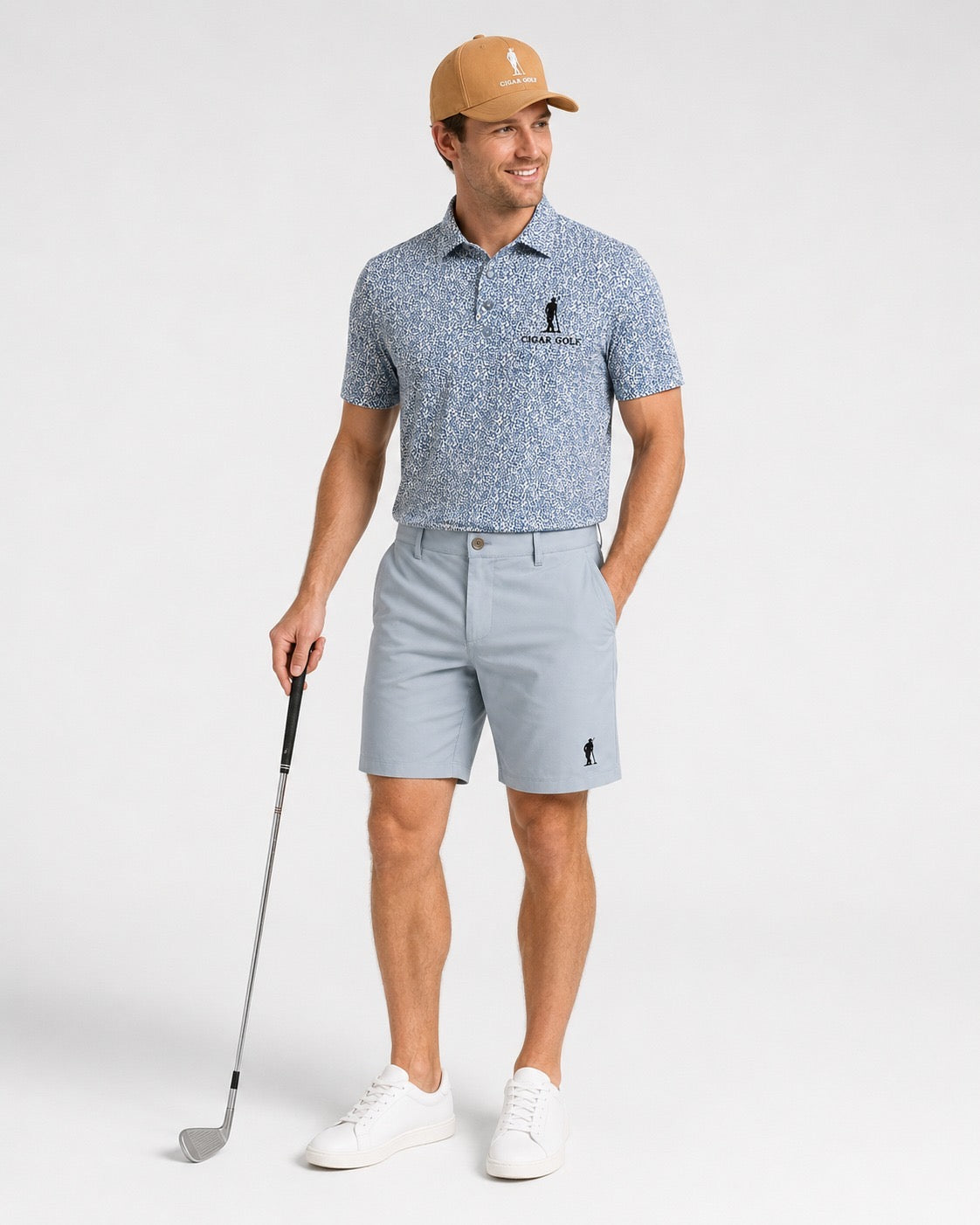 The Cypress Print Polo in blue with mist Clubhouse Short