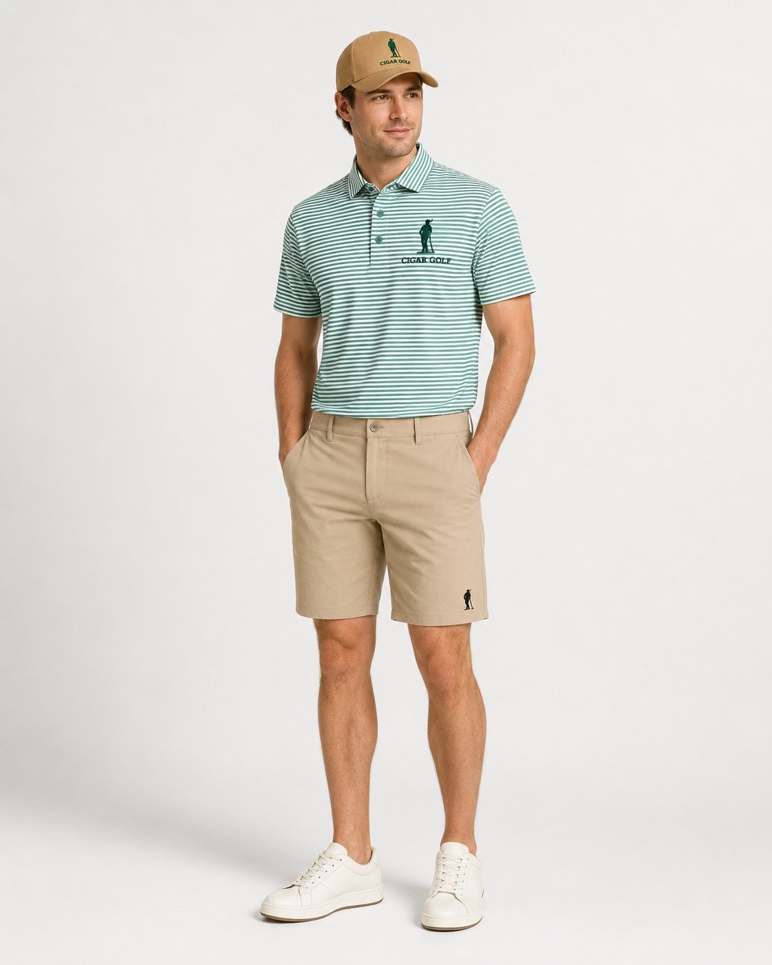 The Fairway Stripe Polo in green with khaki Clubhouse Short