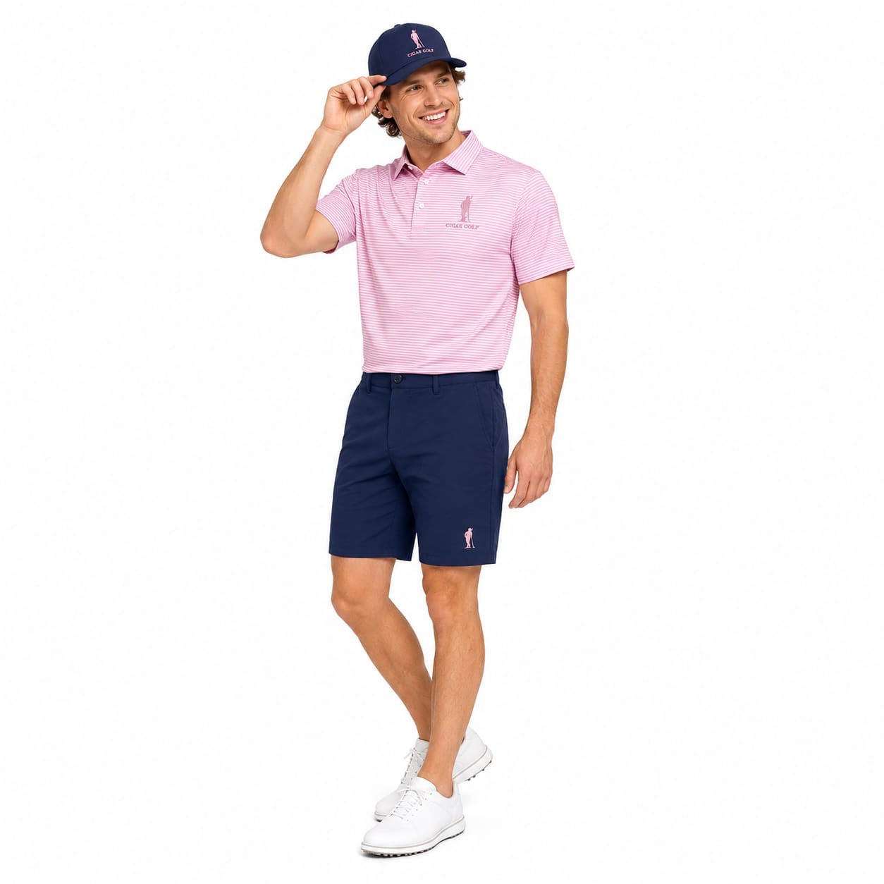The Member Stripe Polo in rose with navy Clubhouse Short