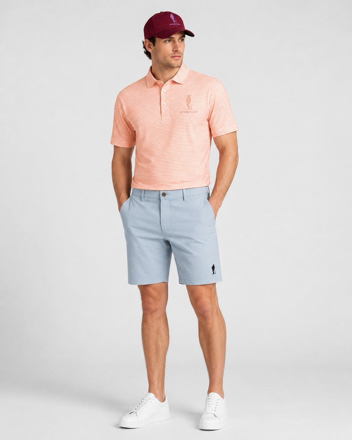The Twilight Stripe Polo in coral with sky Clubhouse Short